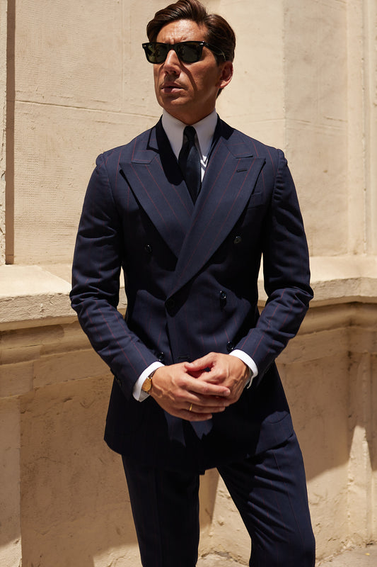 Americana traje cruzado diplomático azul marino raya burdeos