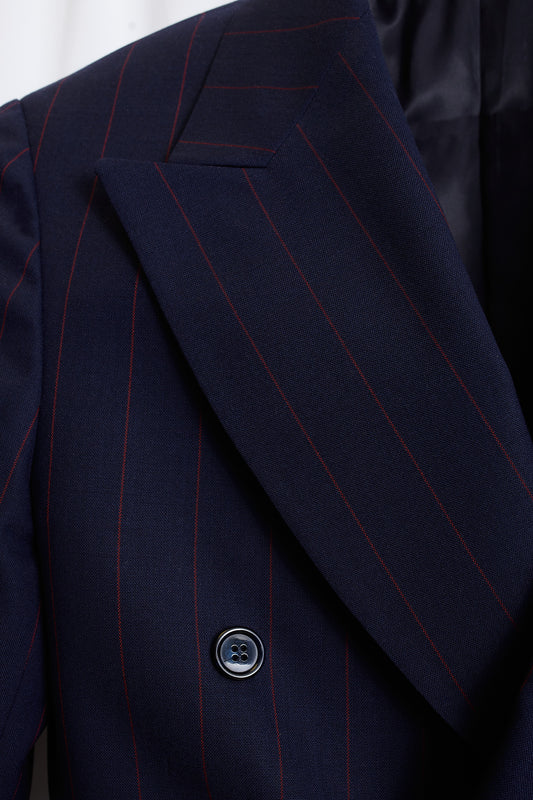 Americana traje cruzado diplomático azul marino raya burdeos