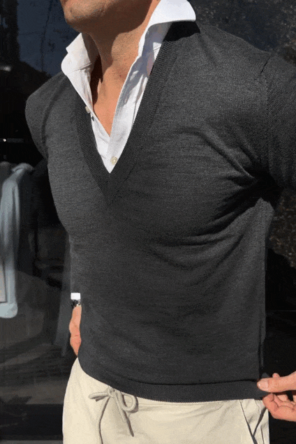 Jersey pico largo lana merino gris carbón