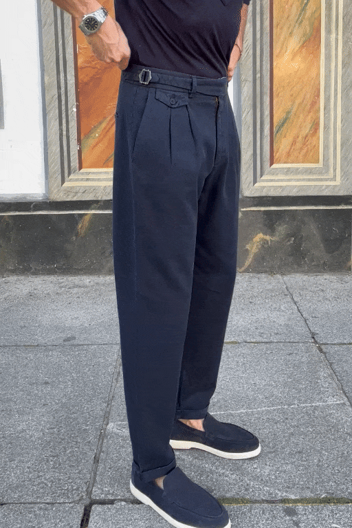 Pantalón pinzas algodón lino azul marino premium