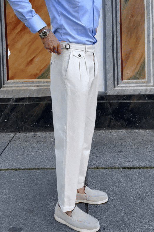 Pantalón pinzas algodón lino blanco premium