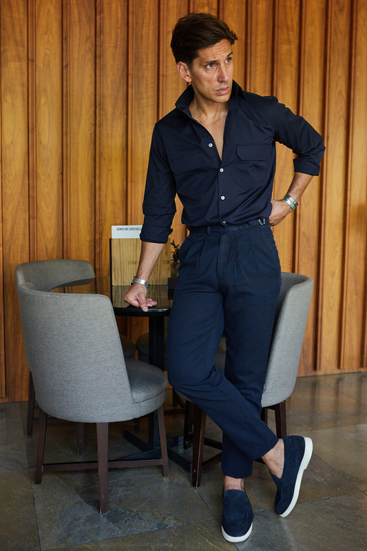 Pantalón pinzas algodón lino azul marino premium